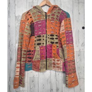 Rising International Multicolor Patchwork Ripped Detail Hippie Grunge Hoodie Sz.